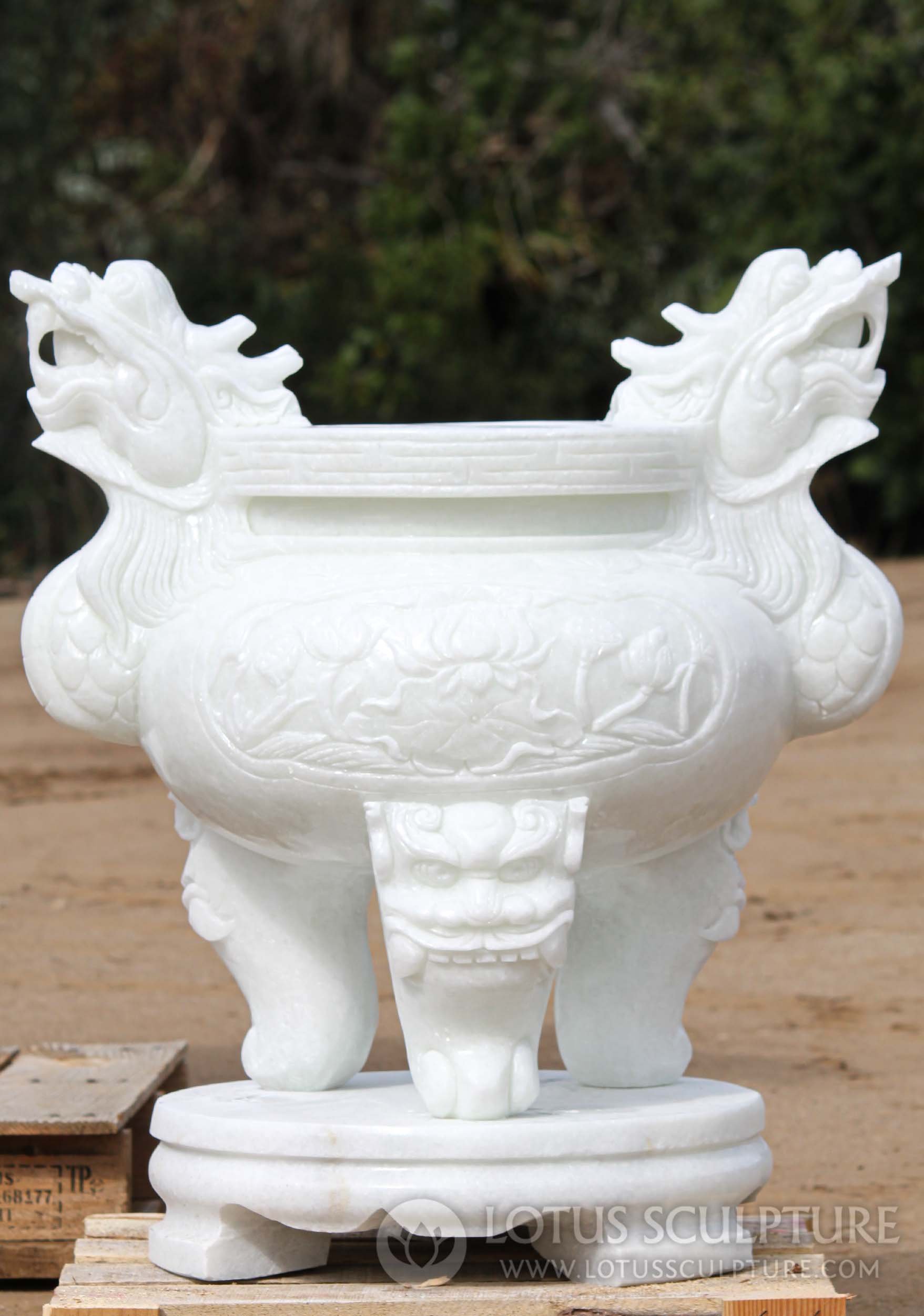 Hand Carved White Marble Temple Incense Urn with Dragon Heads & Lotus Flowers 30"